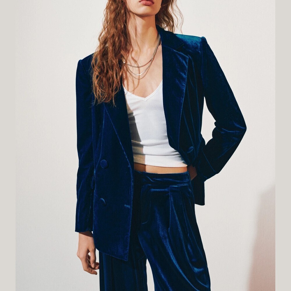 Navy Blue Velvet Double Breasted Notched Lapel Blazer Loose Fit